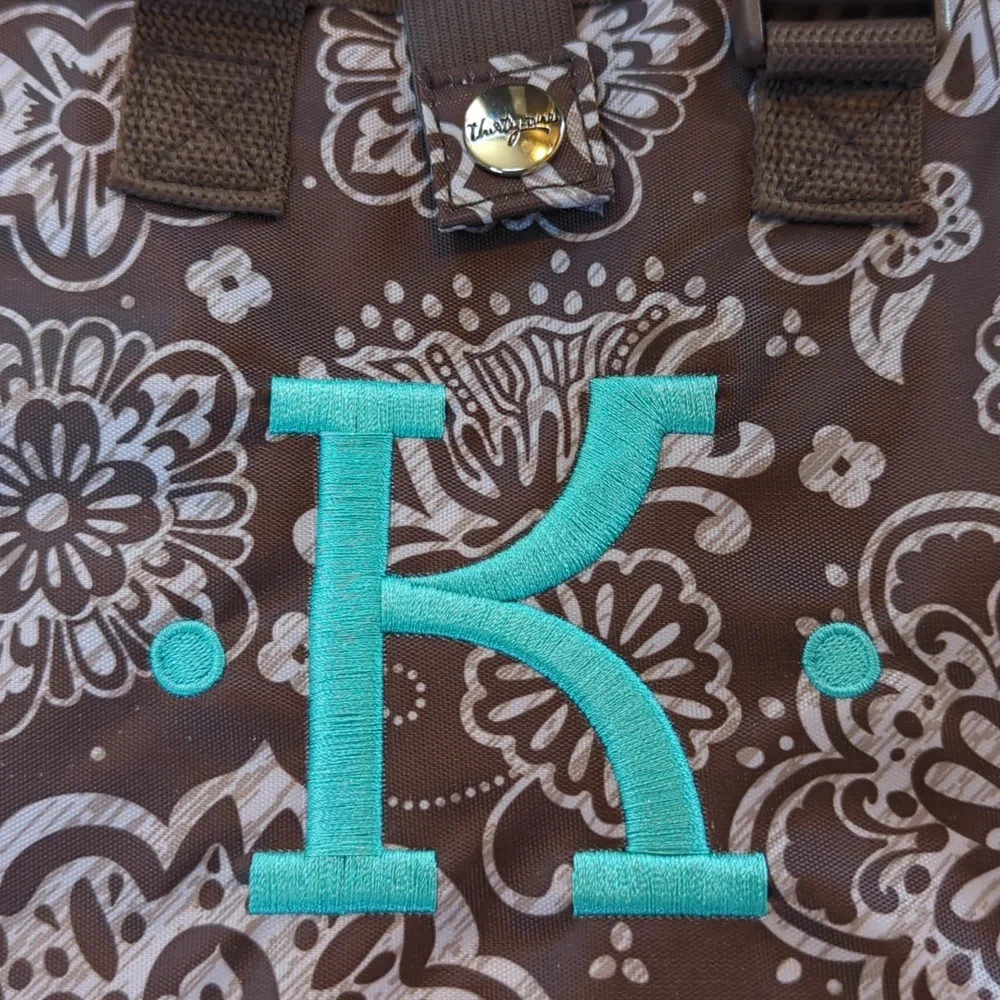 Thirty -one, brown floral cosmetic bag. Personalized initial K
